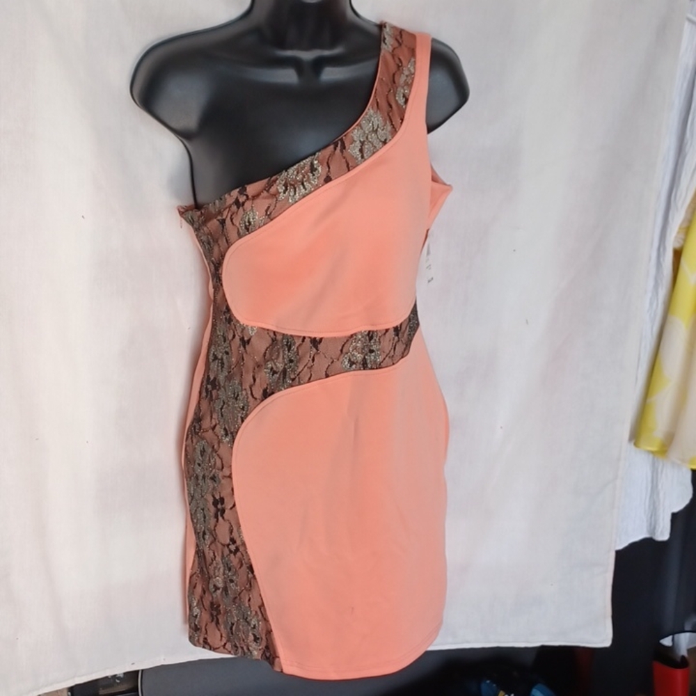 NWT La Reyna One Shoulder Dress, Peach w Black & Gold lace accents